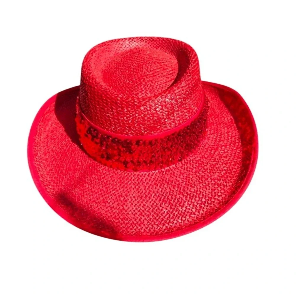 Red Straw Floral Fedora Hat Sequin Band Church Tea Party Red Hat Society Style